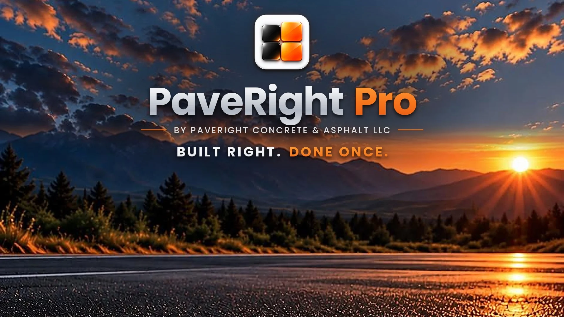 PaveRight Pro logo over a sunset sky